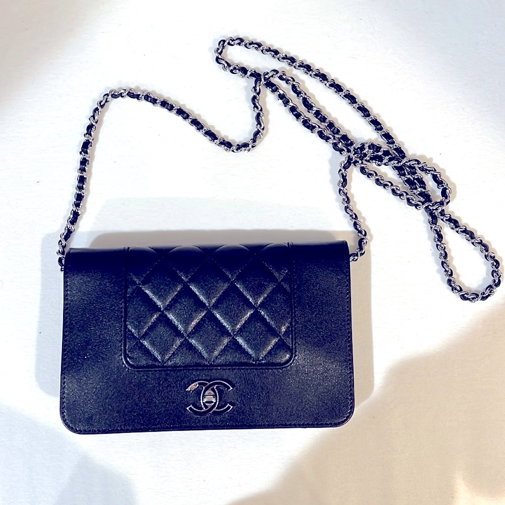 Chanel quilted smooth caviar wallet on a chain crossbody.